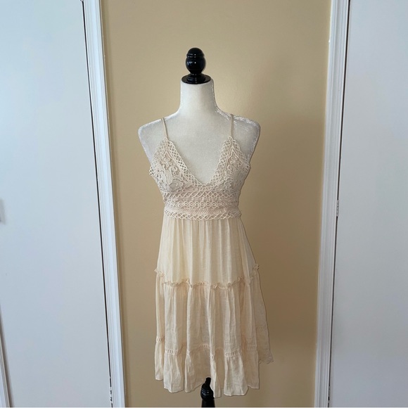 Beige Crochet Top Backless Mini Beach Coverup Dress - Picture 11 of 11